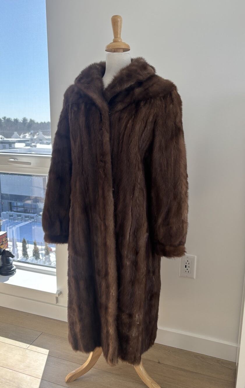 Luxury SAGA MINK Long Brown Fur Coat, Embroidered Lining with Shedding Sz. M